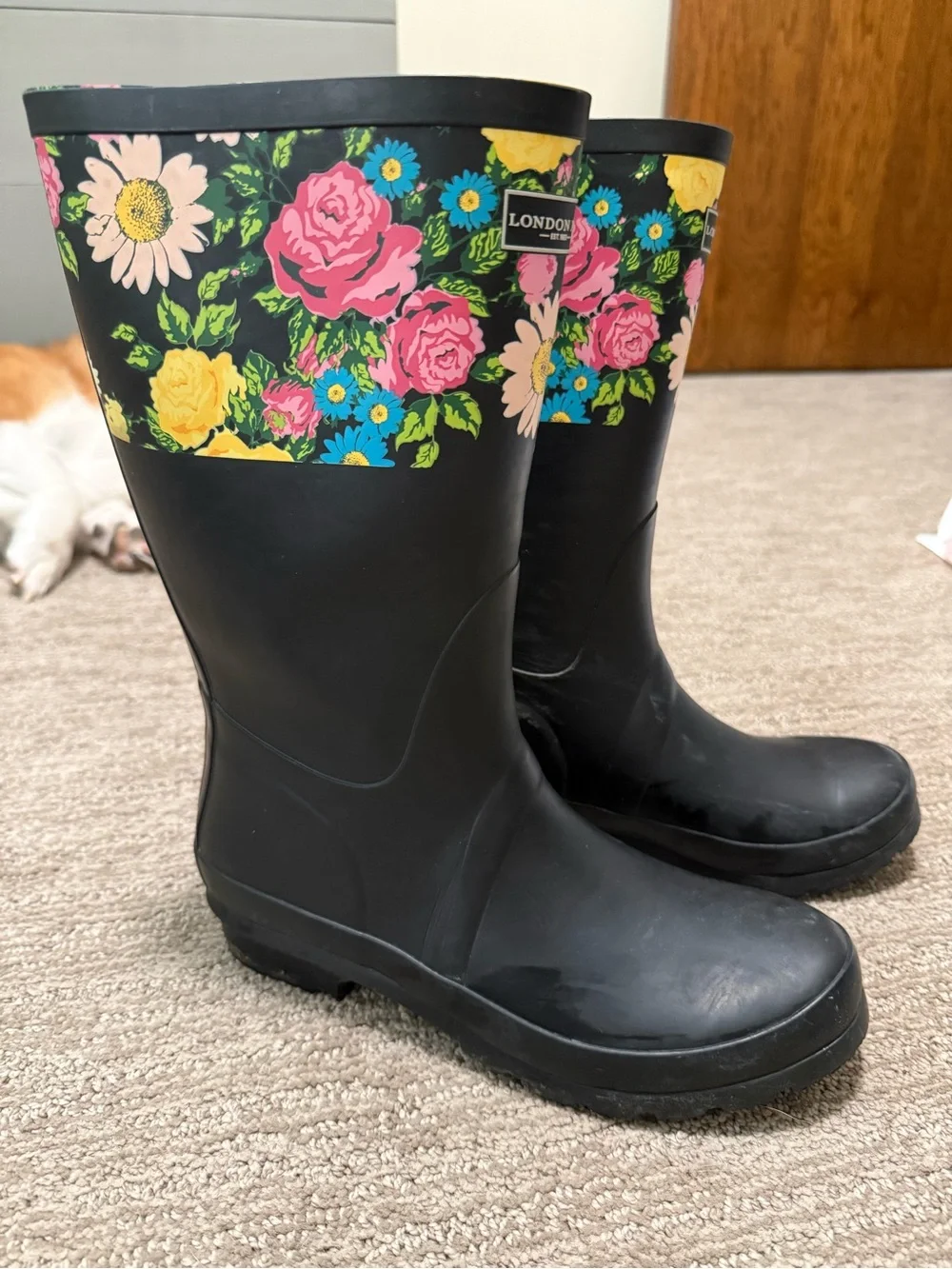 London Fog Black Rain Boots with Pink, Yellow & Blue Floral Cuff